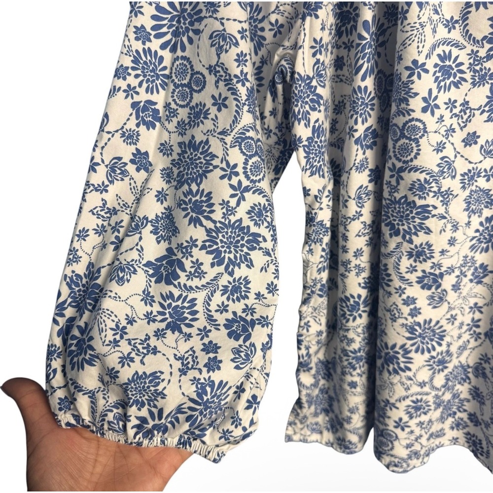 LOFT Women Blue White Floral Peasant Blouse Tie Neck Balloon Sleeve Large - Picture 6 of 8